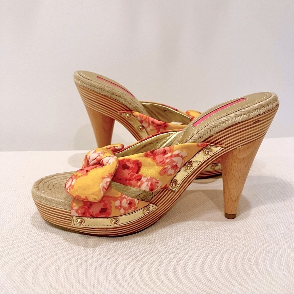 NEW Betsey Johnson Floral Platform Bow Slip On High Heel Pink Yellow Mules sz 7 - Picture 3 of 7